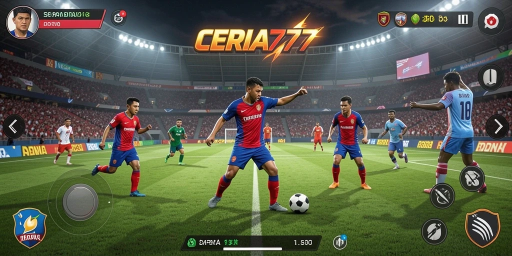 Tampilan utama gameplay CERIA777 dengan aksi sepak bola yang mendebarkan.