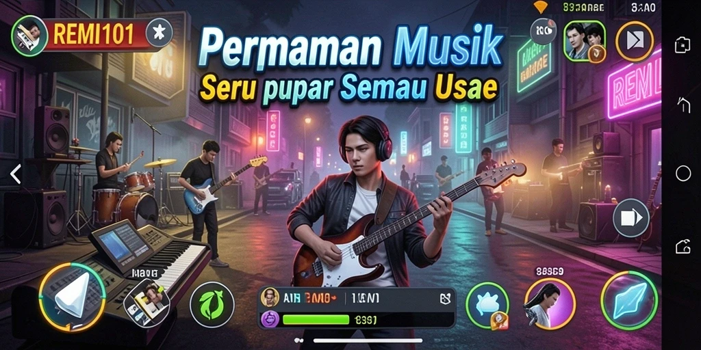 Tampilan gameplay REMI101 dengan berbagai tantangan musik.